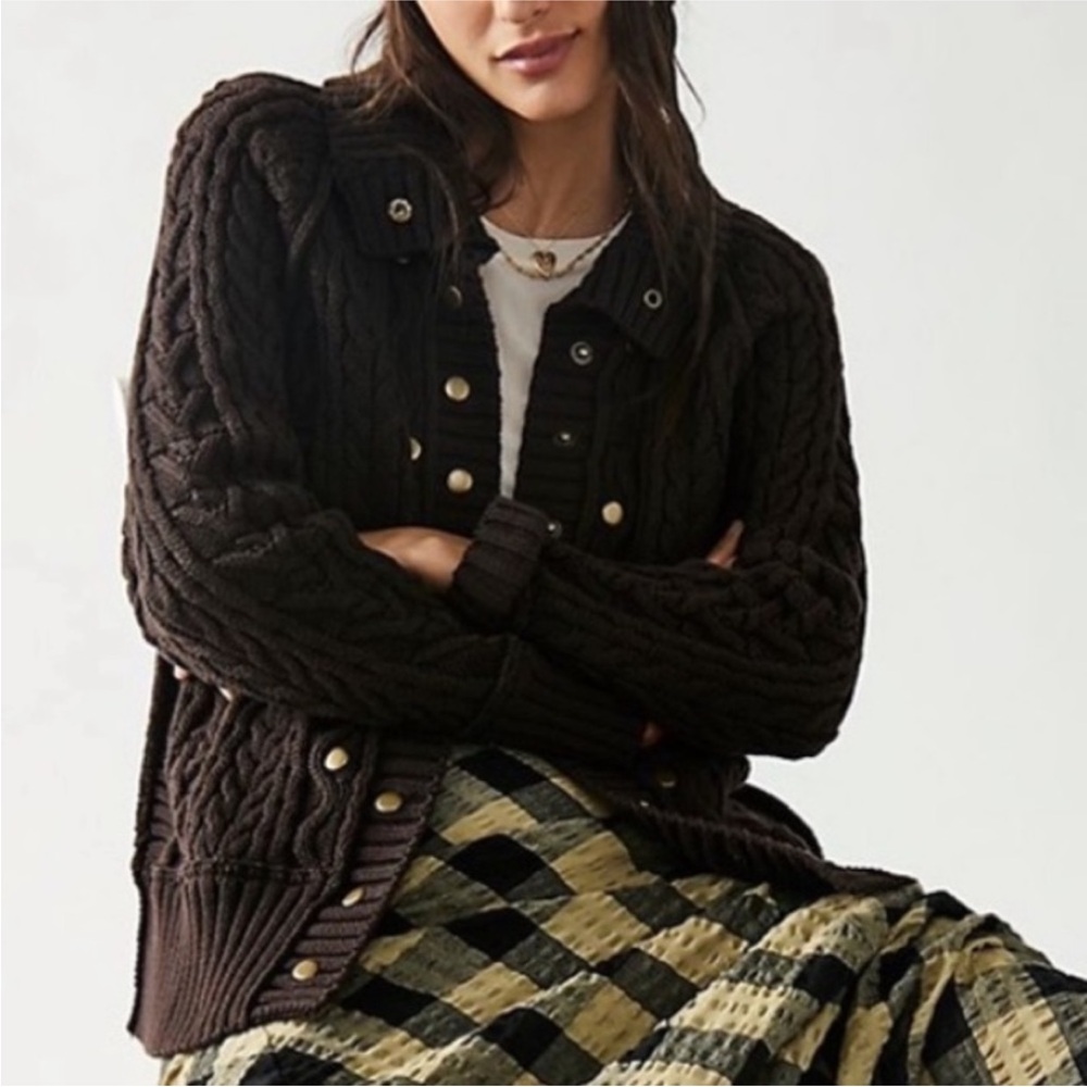 NWT Free People 100% Cotton Cable Cardigan Coat in Chocolate Brown Size Small